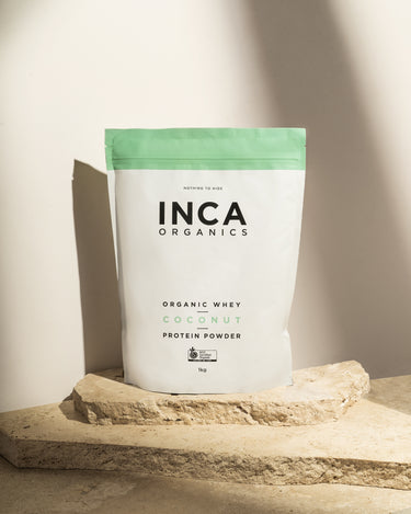 CERTIFIED ORGANIC WHEY<br>COCONUT<br>PROTEIN POWDER 1kg - Inca Organics