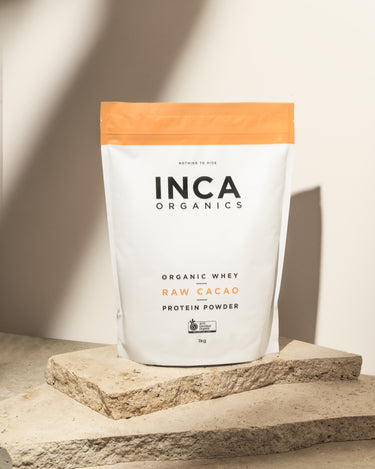 CERTIFIED ORGANIC WHEY<br>RAW CACAO<br>PROTEIN POWDER 1kg - Inca Organics