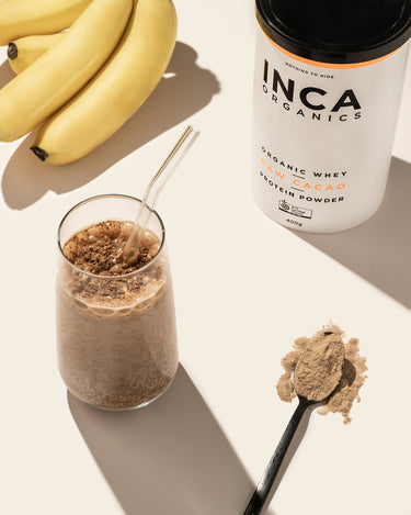 CERTIFIED ORGANIC WHEY<br>RAW CACAO<br>PROTEIN POWDER 400g - Inca Organics