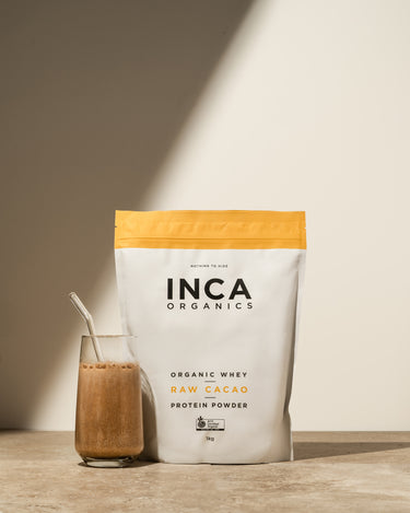 CERTIFIED ORGANIC WHEY<br>RAW CACAO<br>PROTEIN POWDER 1kg - Inca Organics