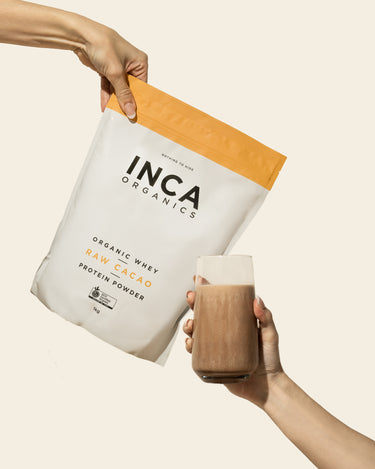 CERTIFIED ORGANIC WHEY<br>RAW CACAO<br>PROTEIN POWDER 1kg - Inca Organics